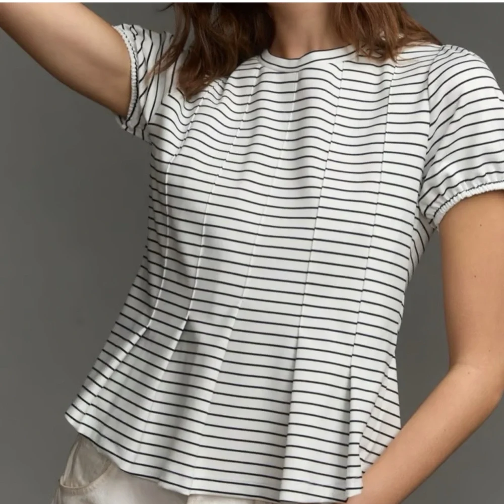 Maeve by Anthropologie Corset Peplum Puff Sleeves Striped Top